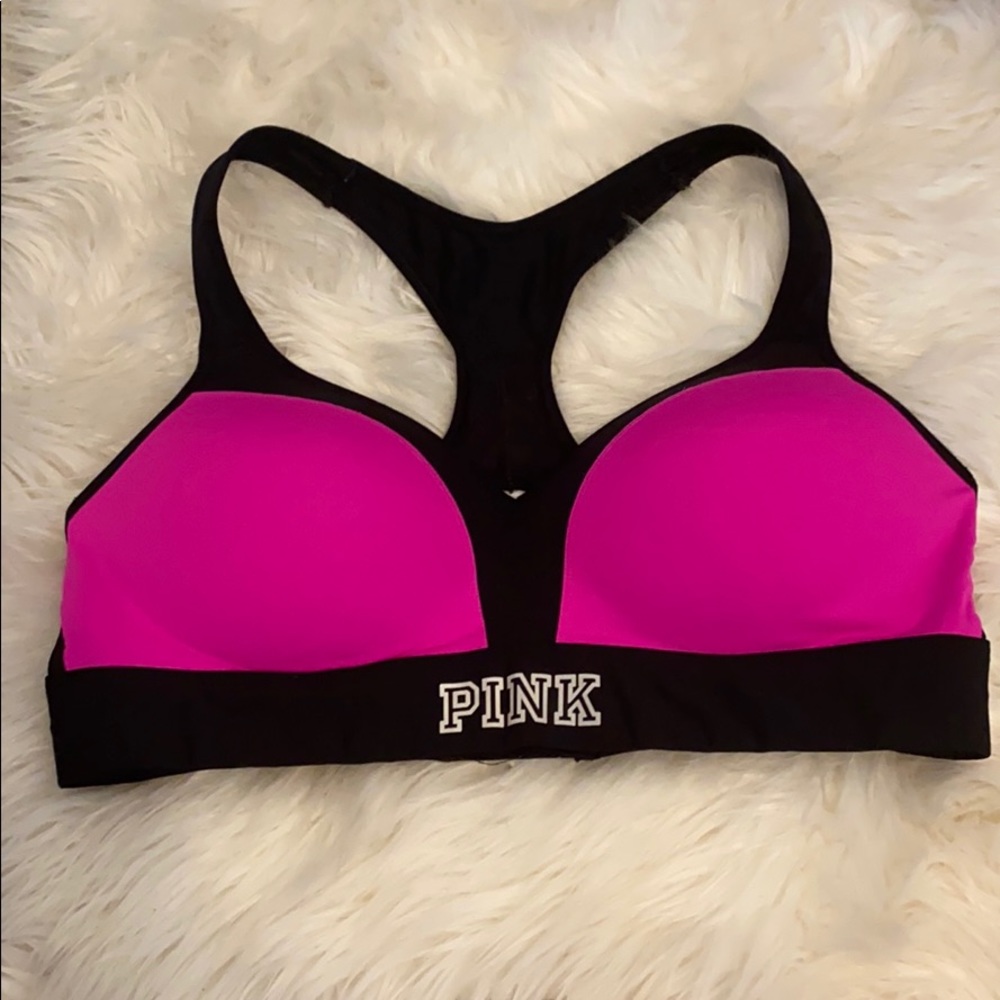 Large hot pink/black PINK sports bra
